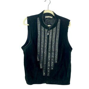 Peter Nygard Sued Leather Studded Vest Women Large Black Zip Front Moto Boho